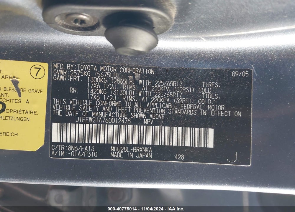 2006 TOYOTA HIGHLANDER HYBRID V6 VIN: JTEEW21A760012478
