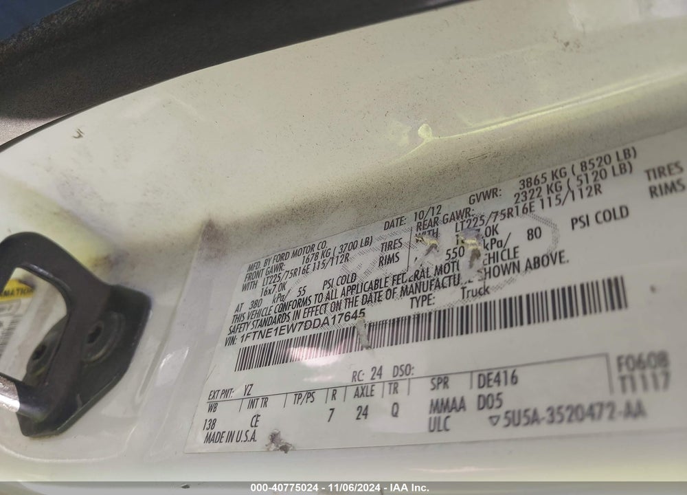 2013 FORD ECONOLINE VIN: 1FTNE1EW7DDA17645