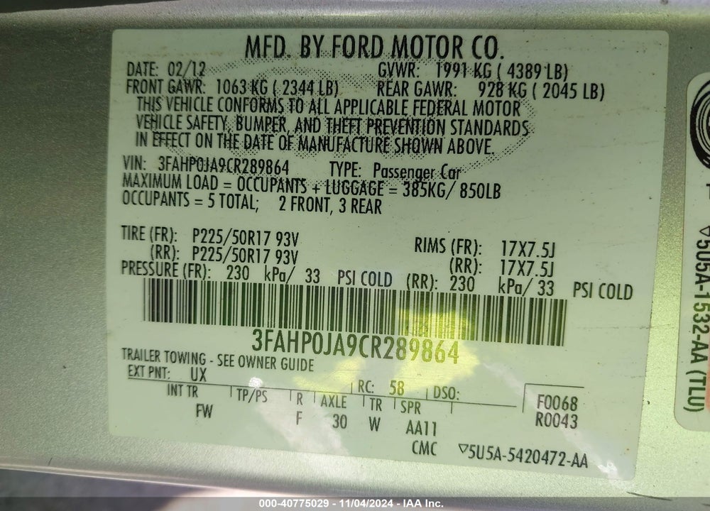 2012 FORD FUSION SEL VIN: 3FAHP0JA9CR289864