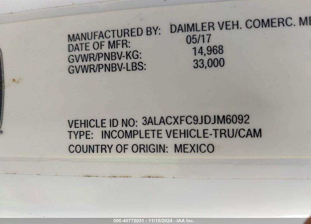 2018 FREIGHTLINER M2 106 VIN: 3ALACXFC9JDJM6092