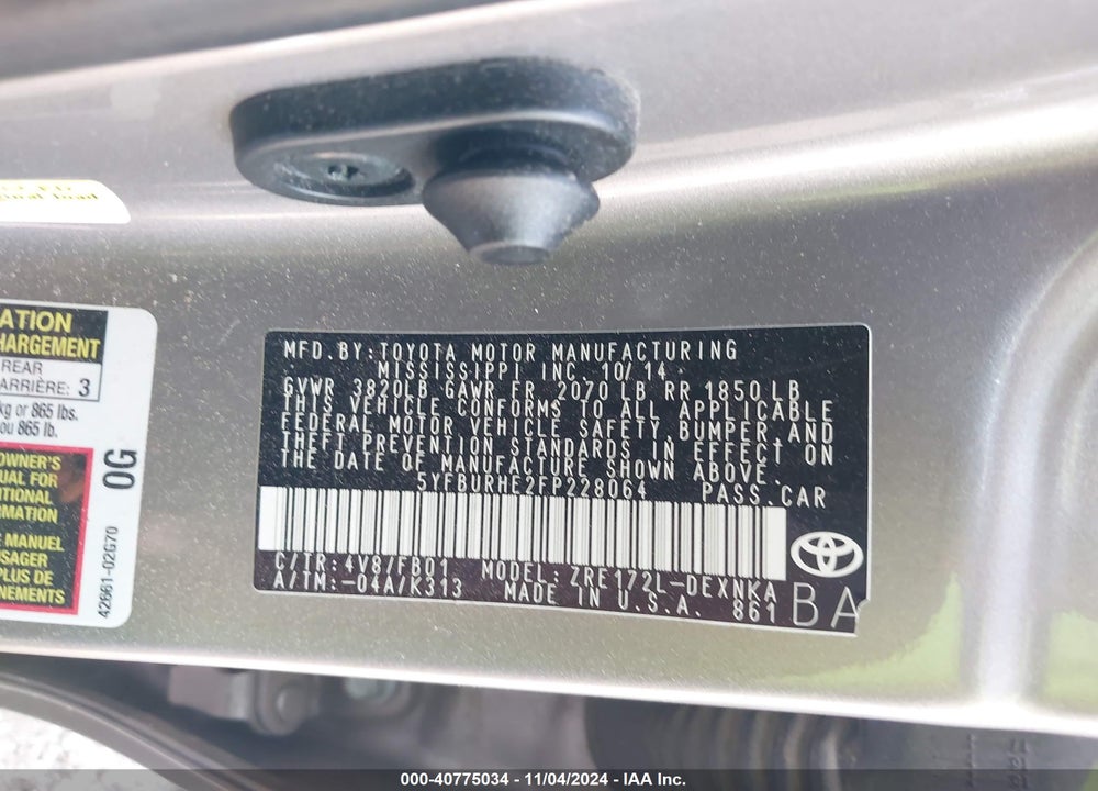 2015 TOYOTA COROLLA VIN: 5YFBURHE2FP228064
