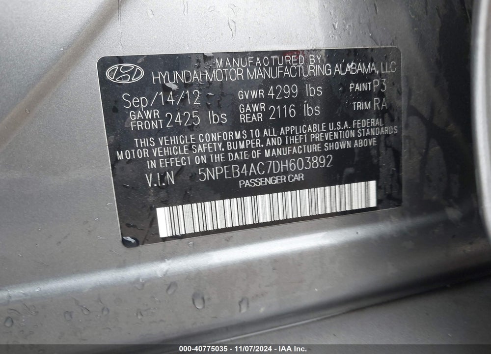 2013 HYUNDAI SONATA GLS VIN: 5NPEB4AC7DH603892
