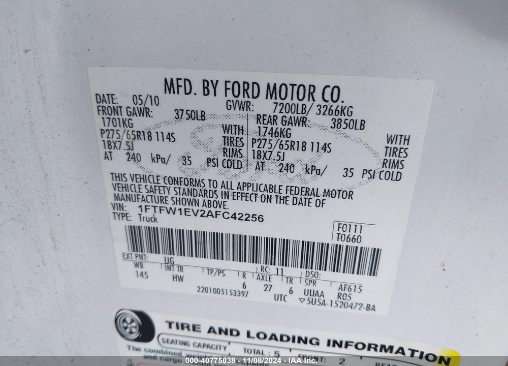 2010 HARLEY-DAVIDSON FORD F-150 FX4//KING RANCH/LARIAT/PLATINUM/XL/XLT VIN: 1FTFW1EV2AFC42256
