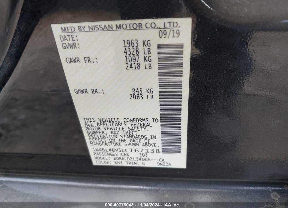 2020 NISSAN ALTIMA S FWD VIN: 1N4BL4BV5LC167138