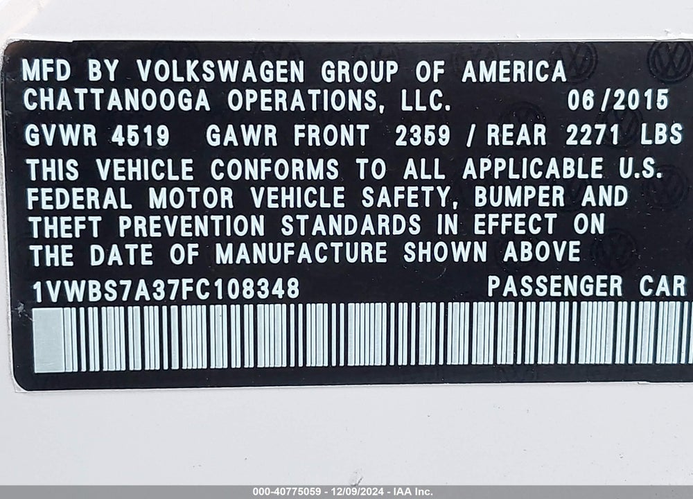 2015 VOLKSWAGEN PASSAT 1.8T SPORT VIN: 1VWBS7A37FC108348