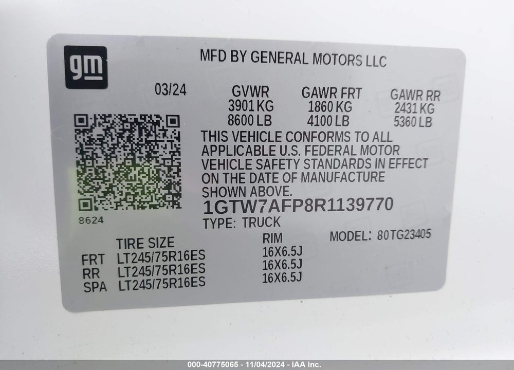 2024 GMC SAVANA CARGO RWD 2500 REGULAR WHEELBASE WORK VAN VIN: 1GTW7AFP8R1139770