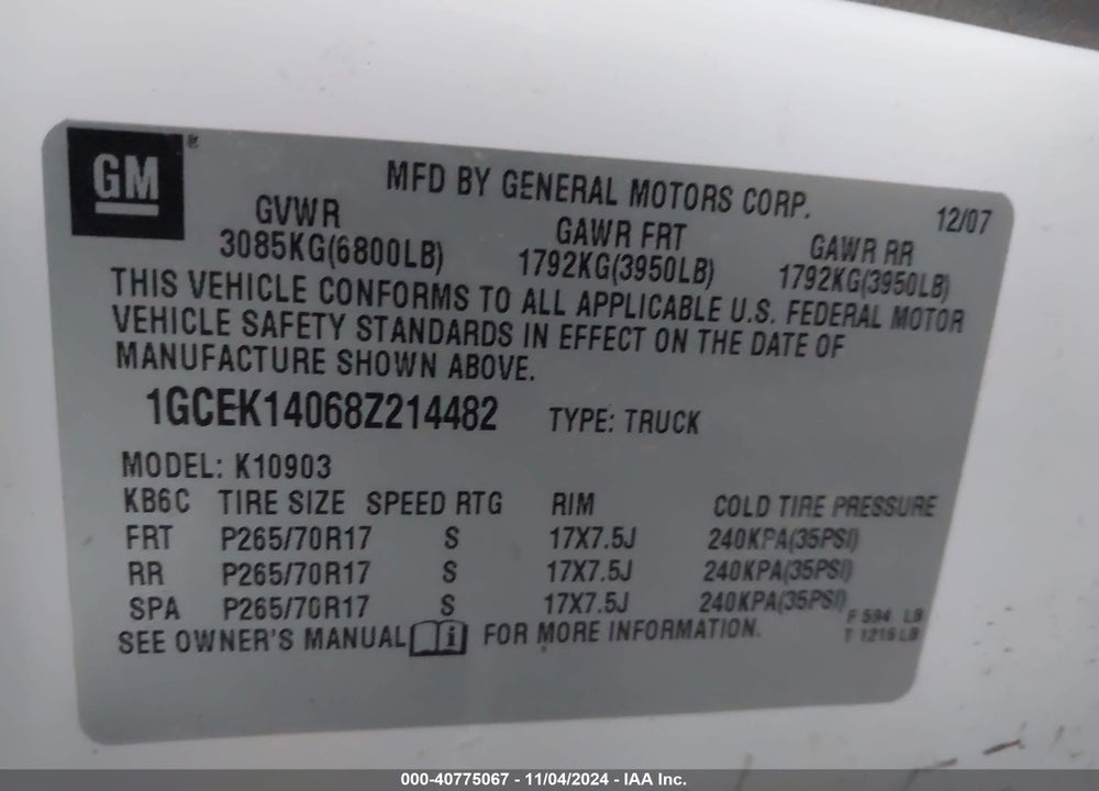 2008 CHEVROLET SILVERADO 1500 WORK TRUCK VIN: 1GCEK14068Z214482