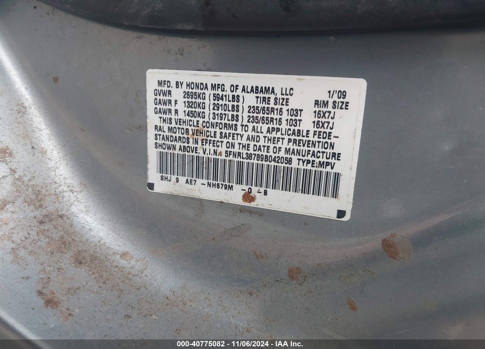2009 HONDA ODYSSEY EX-L VIN: 5FNRL38789B042058