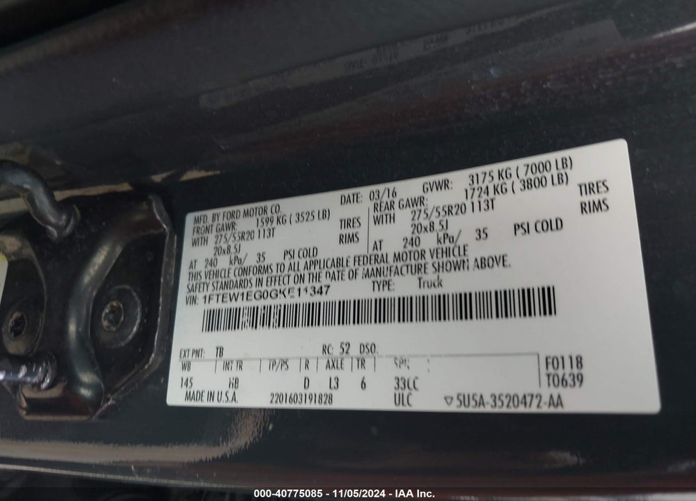 2016 FORD F-150 LARIAT VIN: 1FTEW1EG0GKE11347