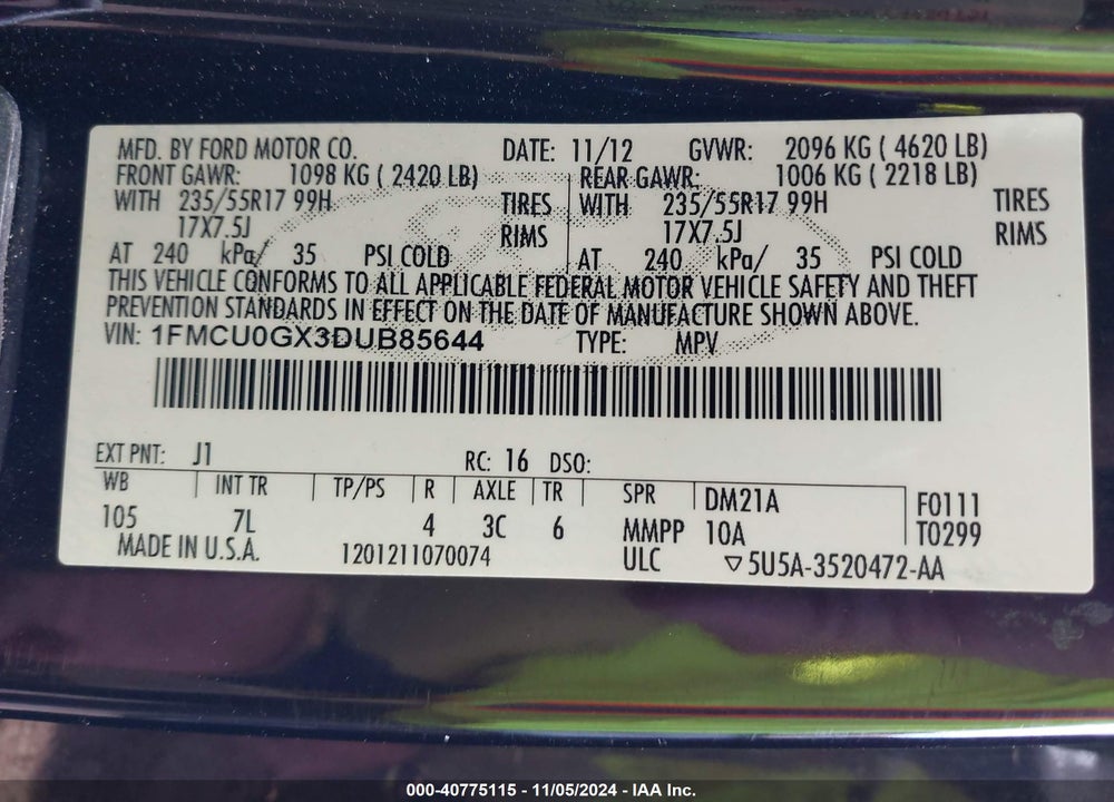 2013 FORD ESCAPE SE VIN: 1FMCU0GX3DUB85644