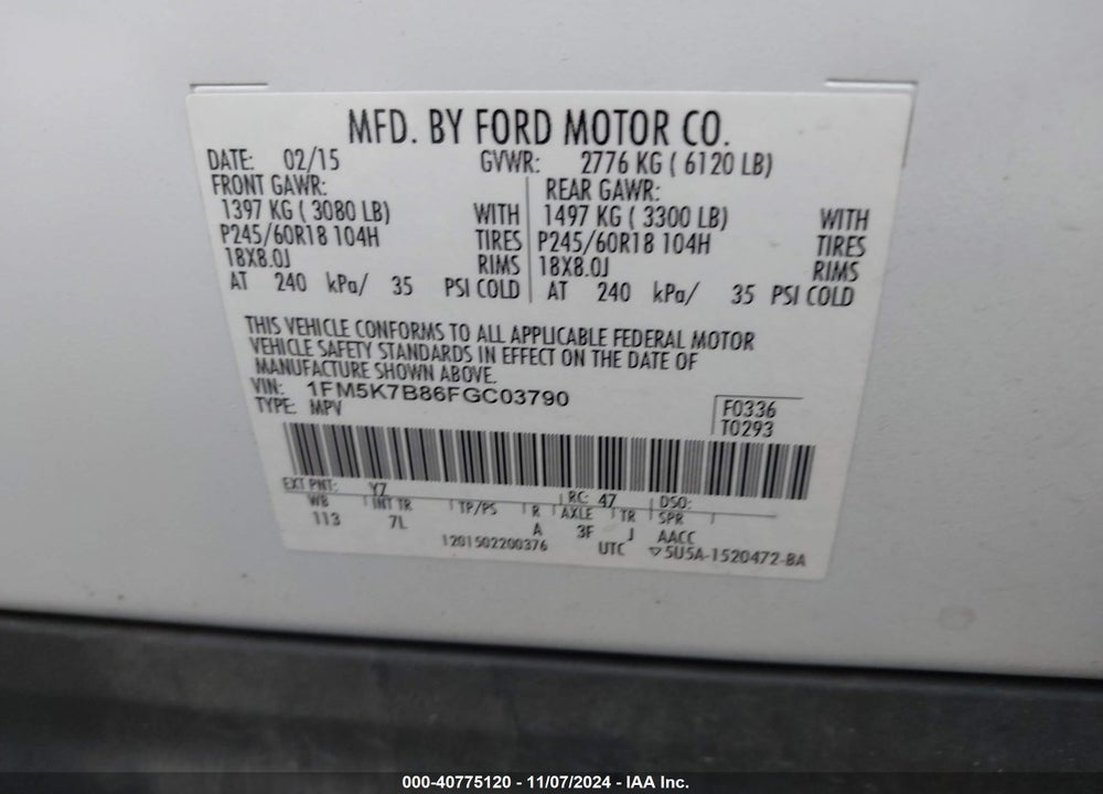 2015 FORD EXPLORER VIN: 1FM5K7B86FGC03790