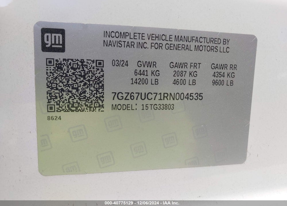 2024 GMC SAVANA COMMERCIAL CUTAWAY 4500 VAN VIN: 7GZ67UC71RN004535