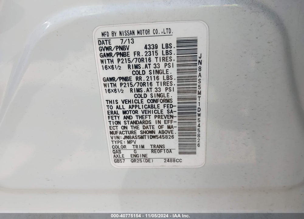 2013 NISSAN ROGUE S VIN: JN8AS5MT1DW545826