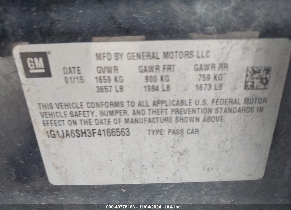 2015 CHEVROLET SONIC VIN: 1G1JA6SH3F4166563