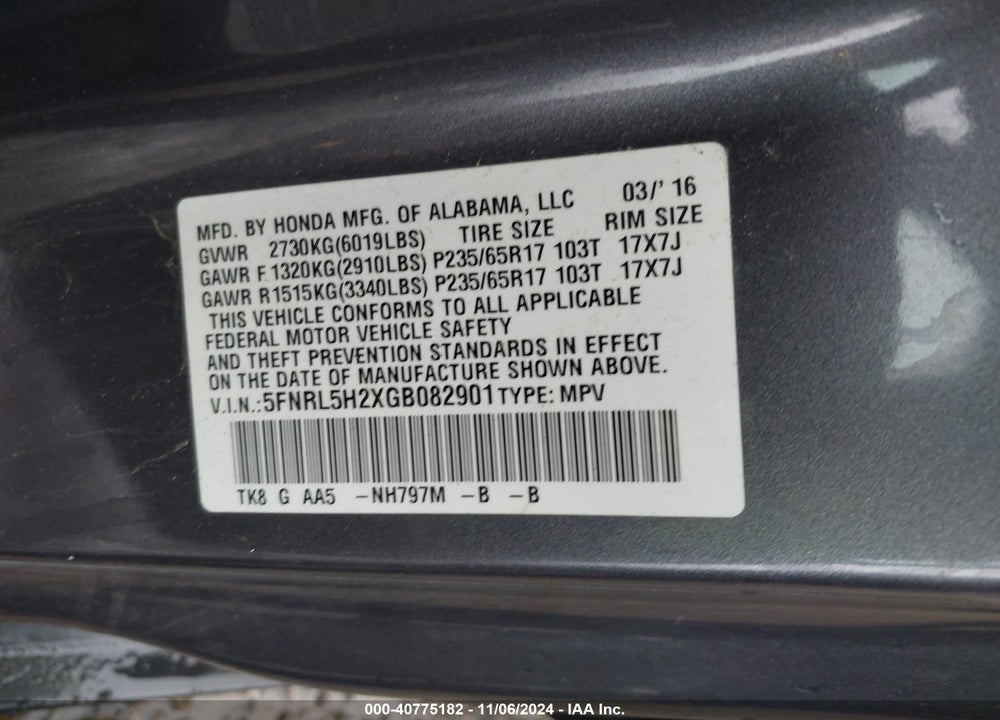 2016 HONDA ODYSSEY LX VIN: 5FNRL5H2XGB082901
