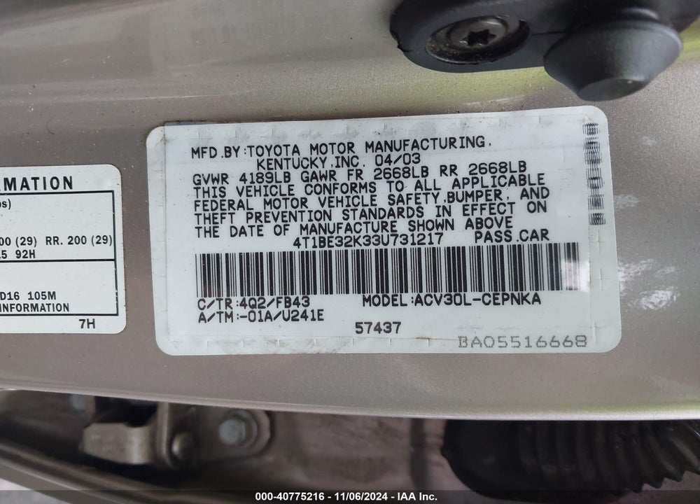 2003 TOYOTA CAMRY LE VIN: 4T1BE32K33U731217