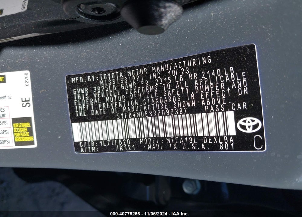 2024 TOYOTA COROLLA LE VIN: 5YFB4MDE8RP099387