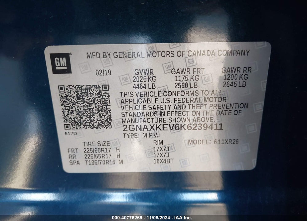 2019 CHEVROLET EQUINOX LT VIN: 2GNAXKEV6K6239411