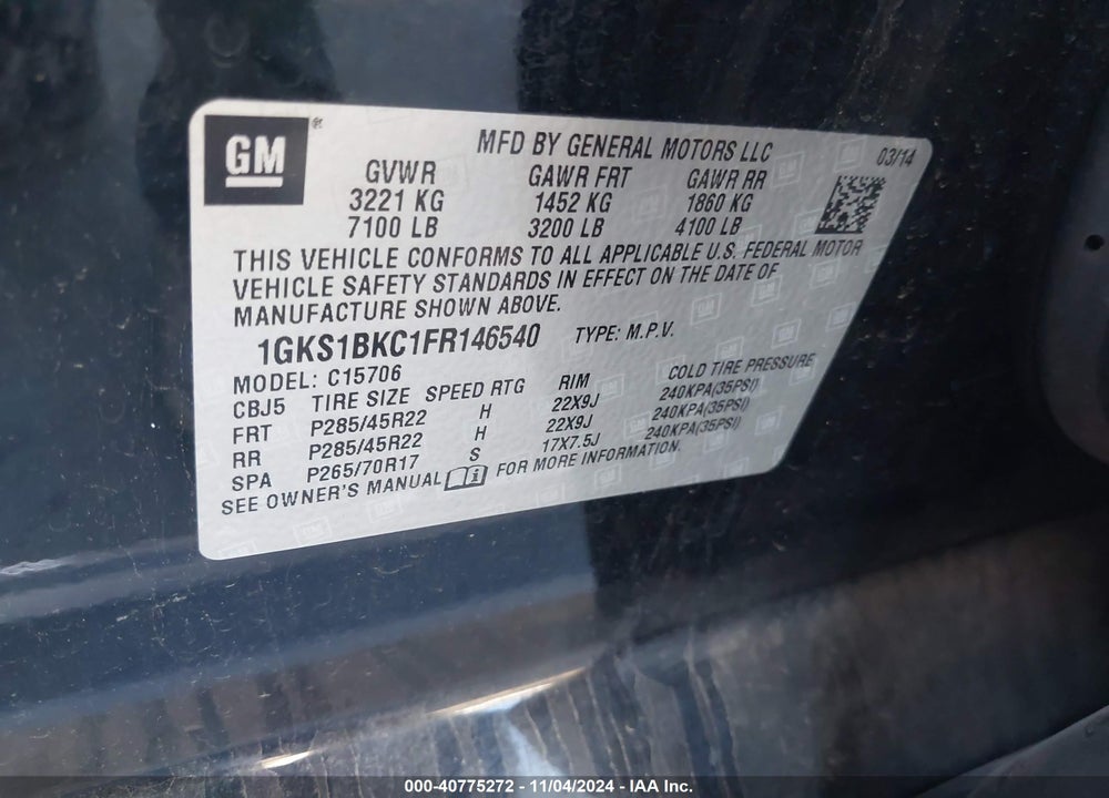 2015 GMC YUKON SLT VIN: 1GKS1BKC1FR146540