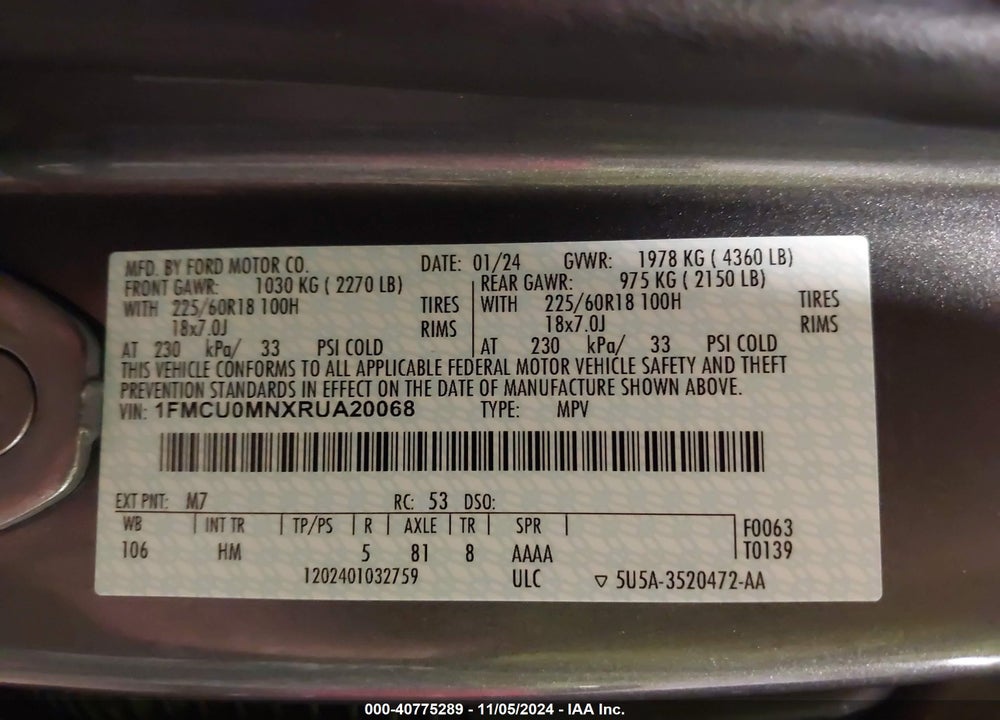 2024 FORD ESCAPE ST LINE VIN: 1FMCU0MNXRUA20068