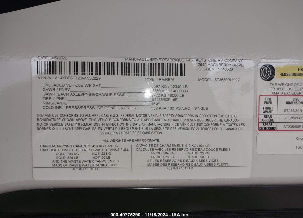 2022 KEYSTONE RV OTHER VIN: 4YDFSTT26N1532029