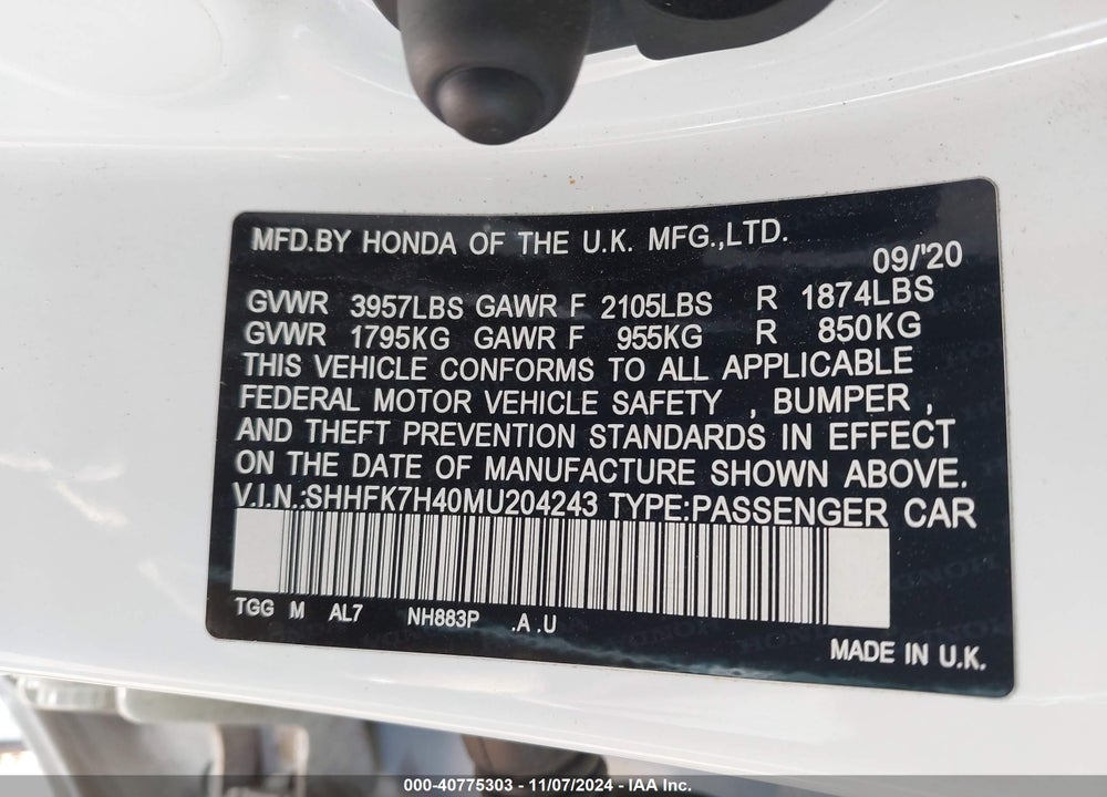 2021 HONDA CIVIC SPORT VIN: SHHFK7H40MU204243