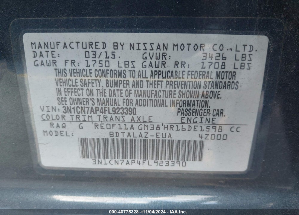 2015 NISSAN VERSA 1.6 S+ VIN: 3N1CN7AP4FL923390