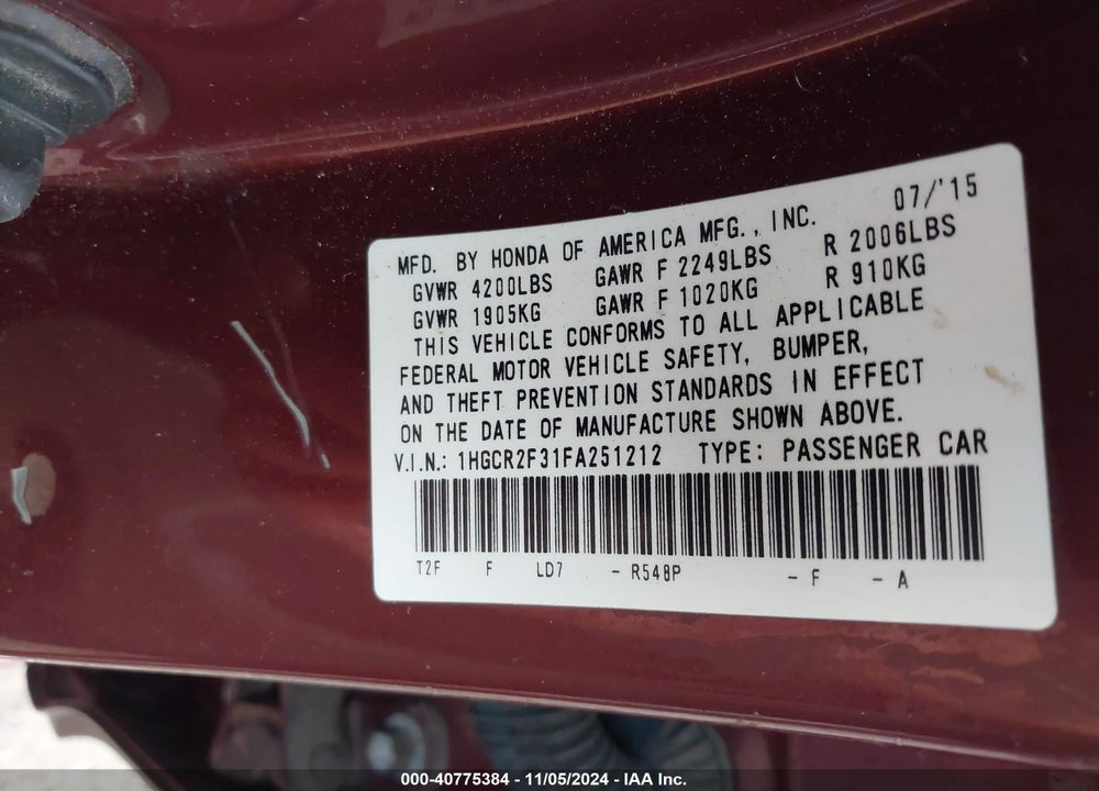 2015 HONDA ACCORD LX VIN: 1HGCR2F31FA251212