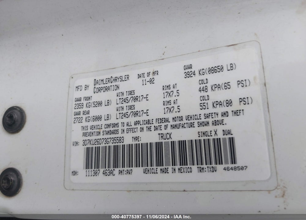 2003 DODGE RAM 2500 SLT/LARAMIE/ST VIN: 3D7KU26D73G735583