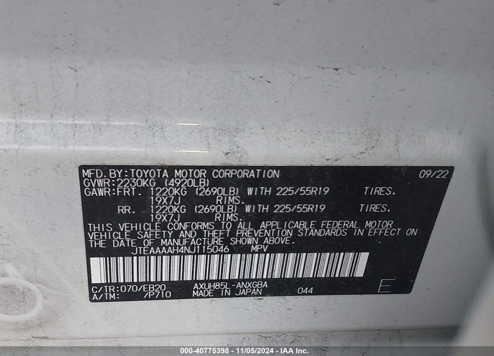 2022 TOYOTA VENZA XLE VIN: JTEAAAAH4NJ115046
