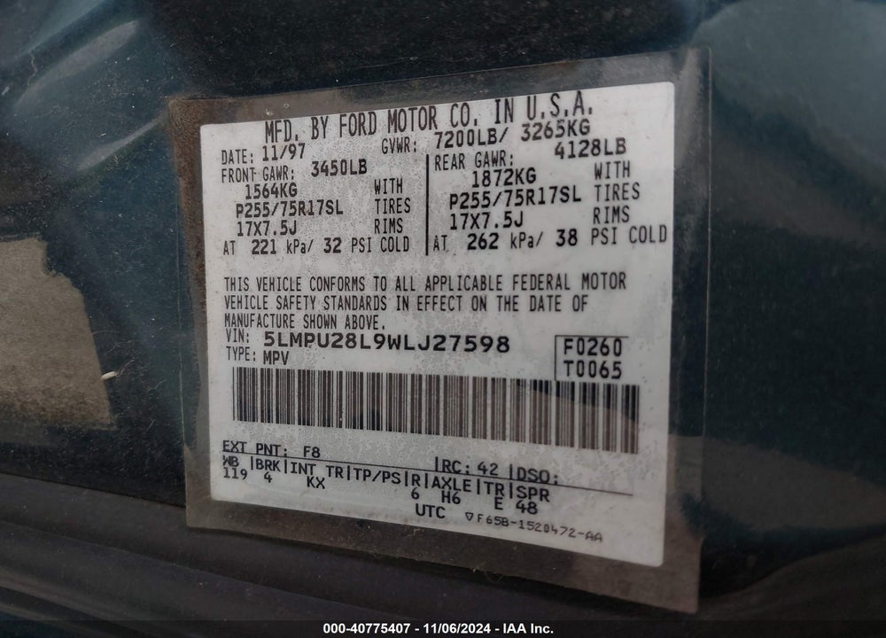 1998 LINCOLN NAVIGATOR VIN: 5LMPU28L9WLJ27598