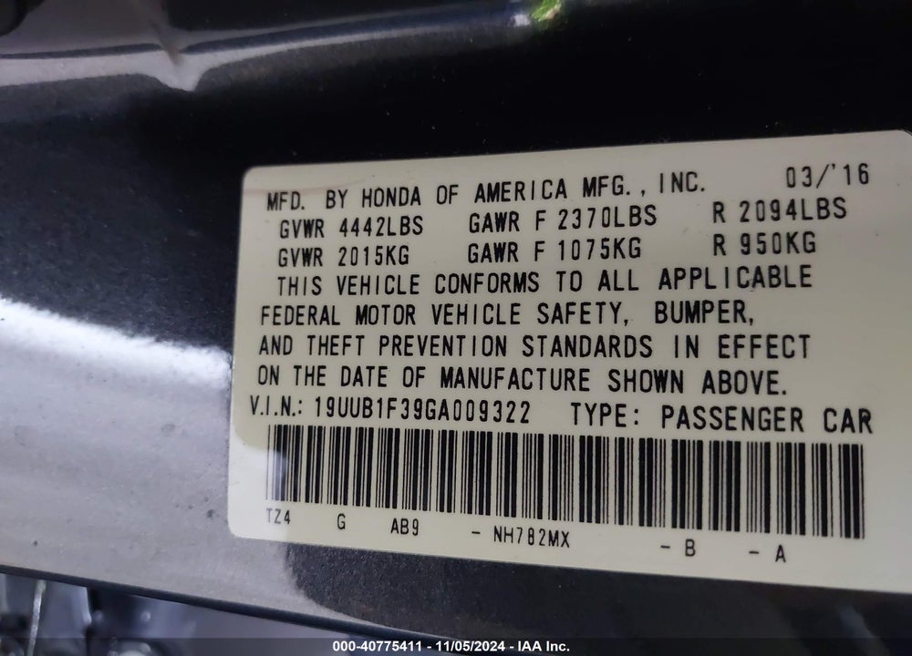 2016 ACURA TLX VIN: 19UUB1F39GA009322