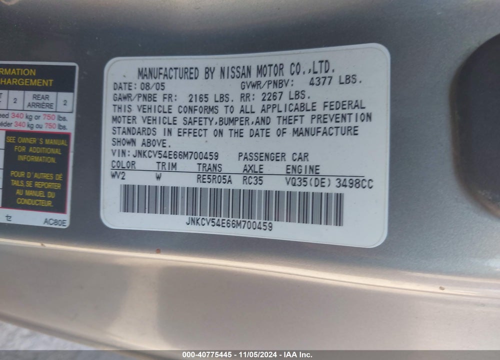 2006 INFINITI G35 VIN: JNKCV54E66M700459