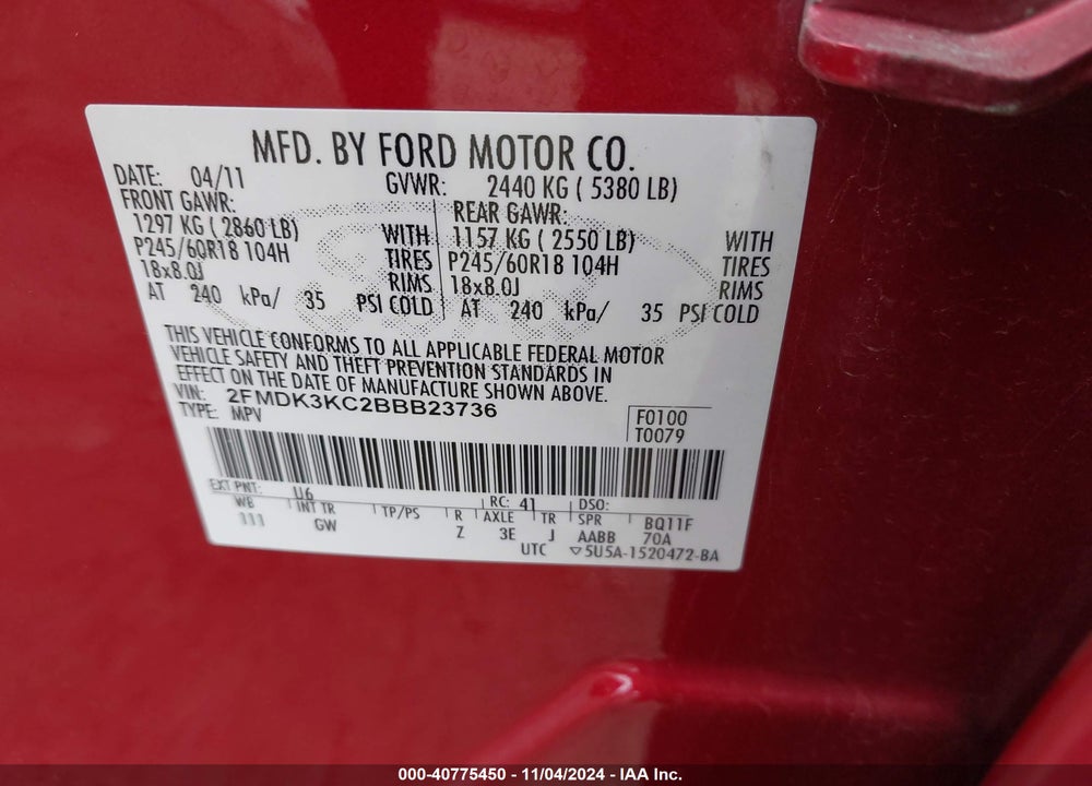2011 FORD EDGE LIMITED VIN: 2FMDK3KC2BBB23736