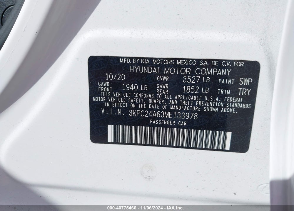 2021 HYUNDAI ACCENT SE VIN: 3KPC24A63ME133978