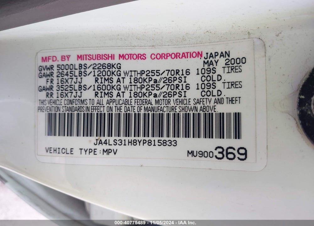 2000 MITSUBISHI MONTERO SPORT LS/XLS VIN: JA4LS31H8YP815833