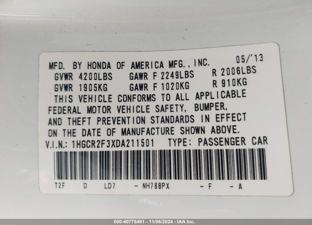 2013 HONDA ACCORD LX VIN: 1HGCR2F3XDA211501