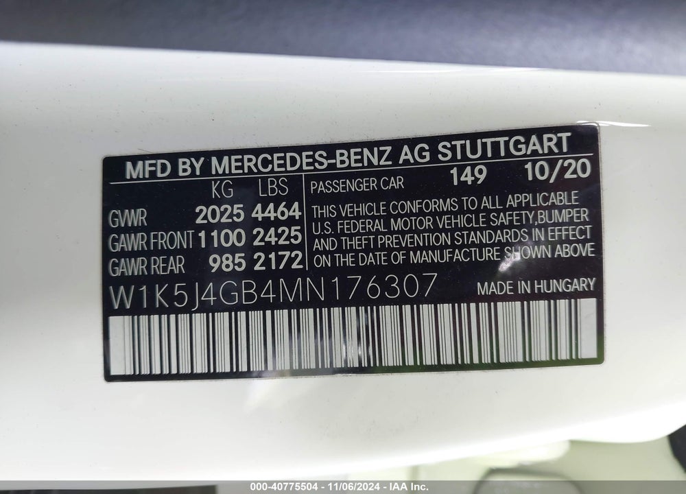 2021 MERCEDES-BENZ CLA 250 VIN: W1K5J4GB4MN176307