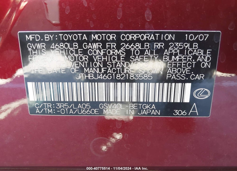 2008 LEXUS ES 350 VIN: JTHBJ46G182183585