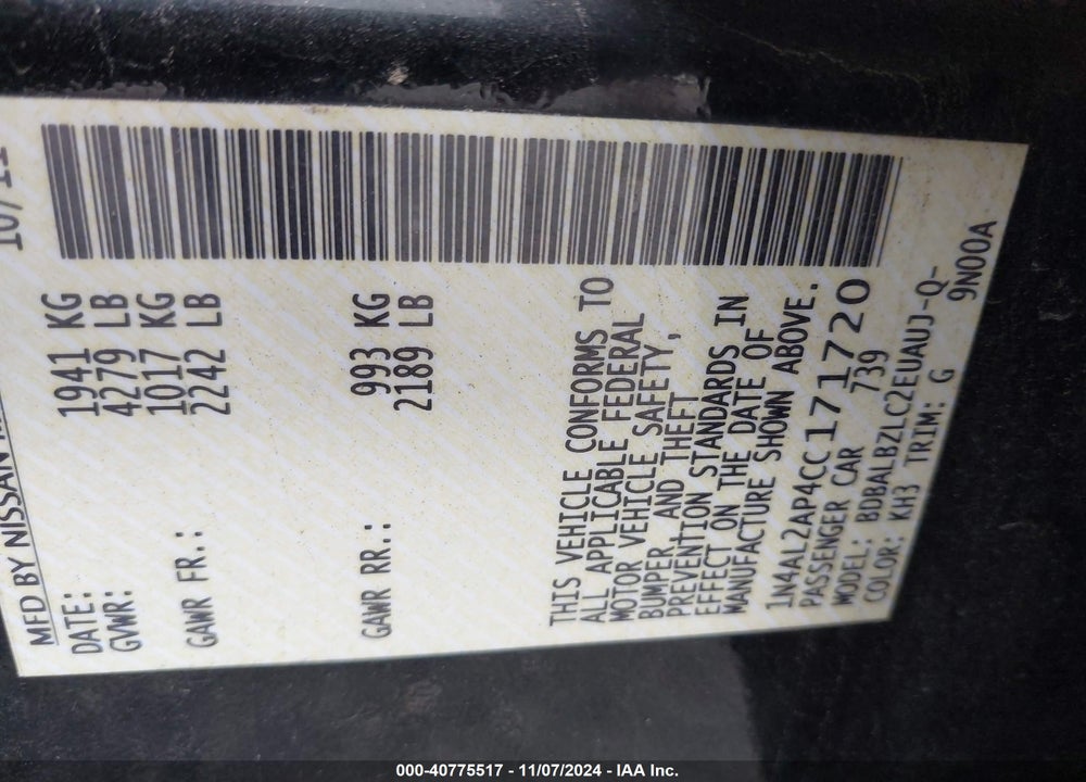 2012 NISSAN ALTIMA 2.5 S VIN: 1N4AL2AP4CC171720