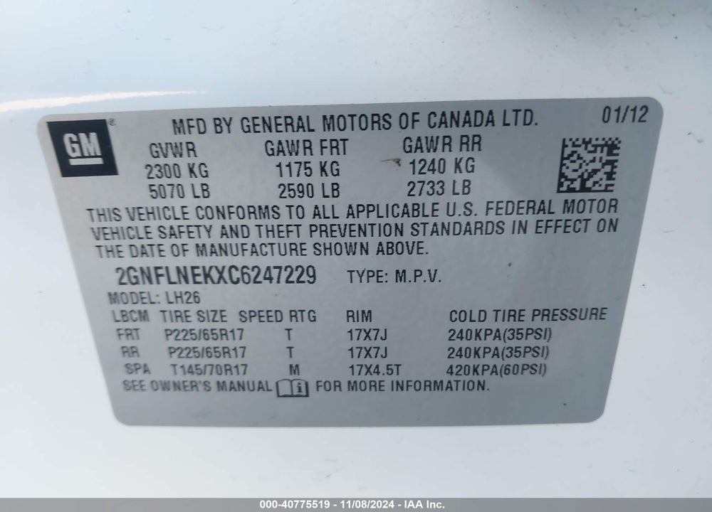 2012 CHEVROLET EQUINOX 2LT VIN: 2GNFLNEKXC6247229