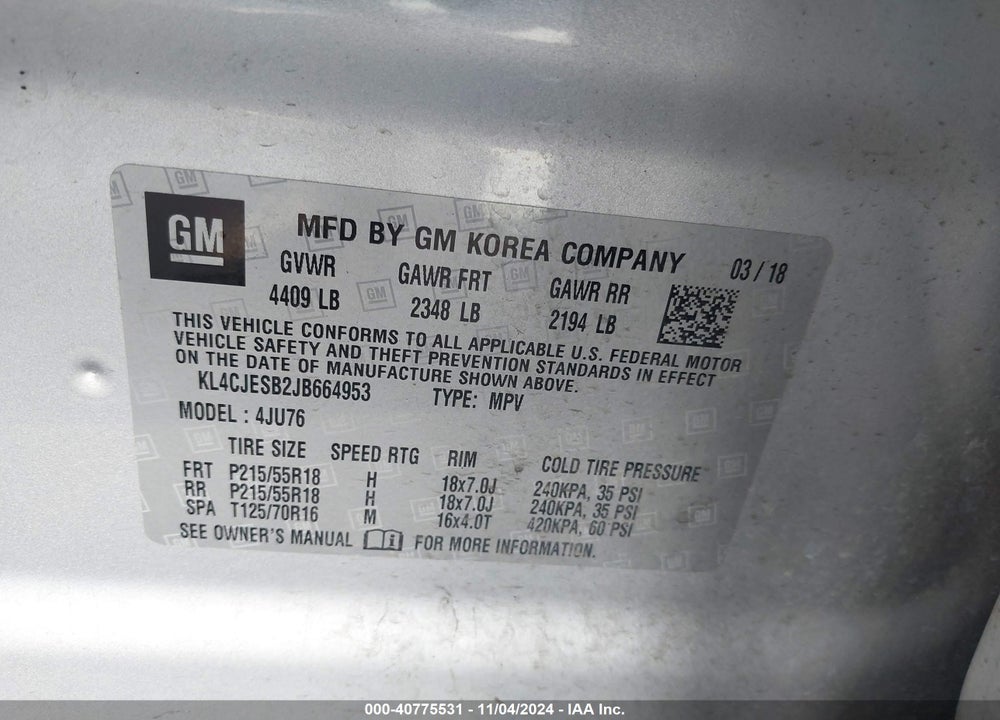 2018 BUICK ENCORE PREFERRED VIN: KL4CJESB2JB664953