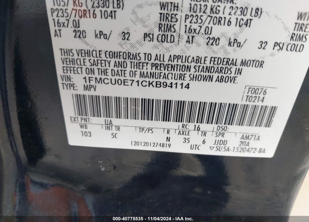 2012 FORD ESCAPE VIN: 1FMCU0E71CKB94114