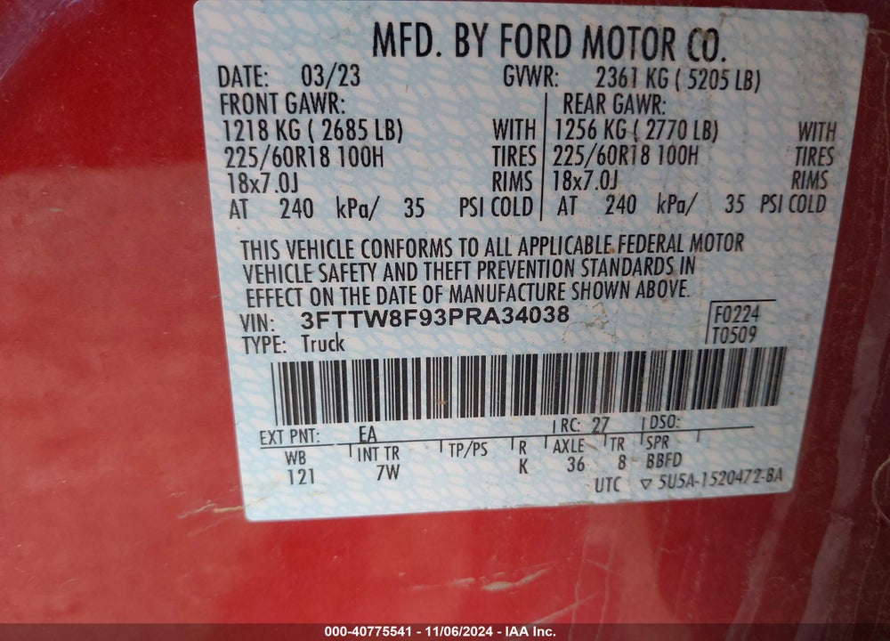 2023 FORD MAVERICK XLT VIN: 3FTTW8F93PRA34038