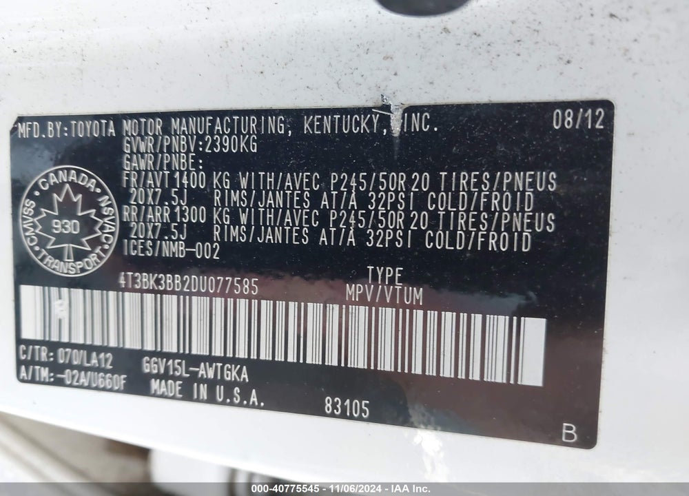 2013 TOYOTA VENZA BASE V6 VIN: 4T3BK3BB2DU077585