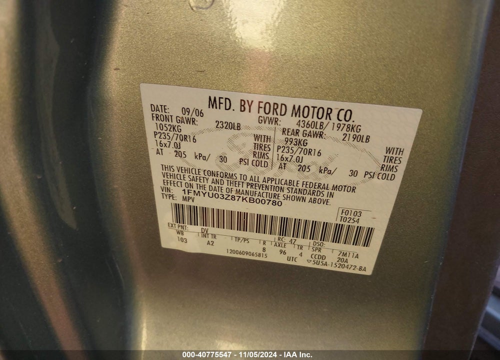 2007 FORD ESCAPE XLT VIN: 1FMYU03Z87KB00780