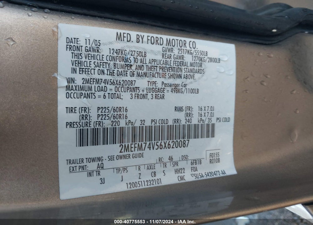 2006 MERCURY GRAND MARQUIS GS VIN: 2MEFM74V56X620087