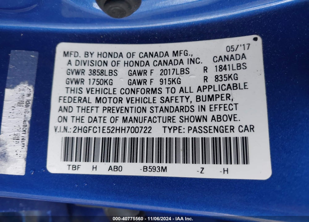 2017 HONDA CIVIC SI VIN: 2HGFC1E52HH700722
