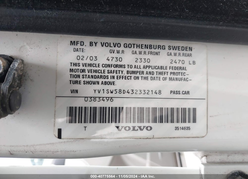 2003 VOLVO V70 2.4T VIN: YV1SW58D432332148