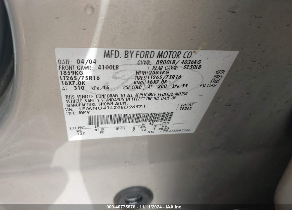 2004 FORD EXCURSION XLS/XLT VIN: 1FMNU41L24ED26574
